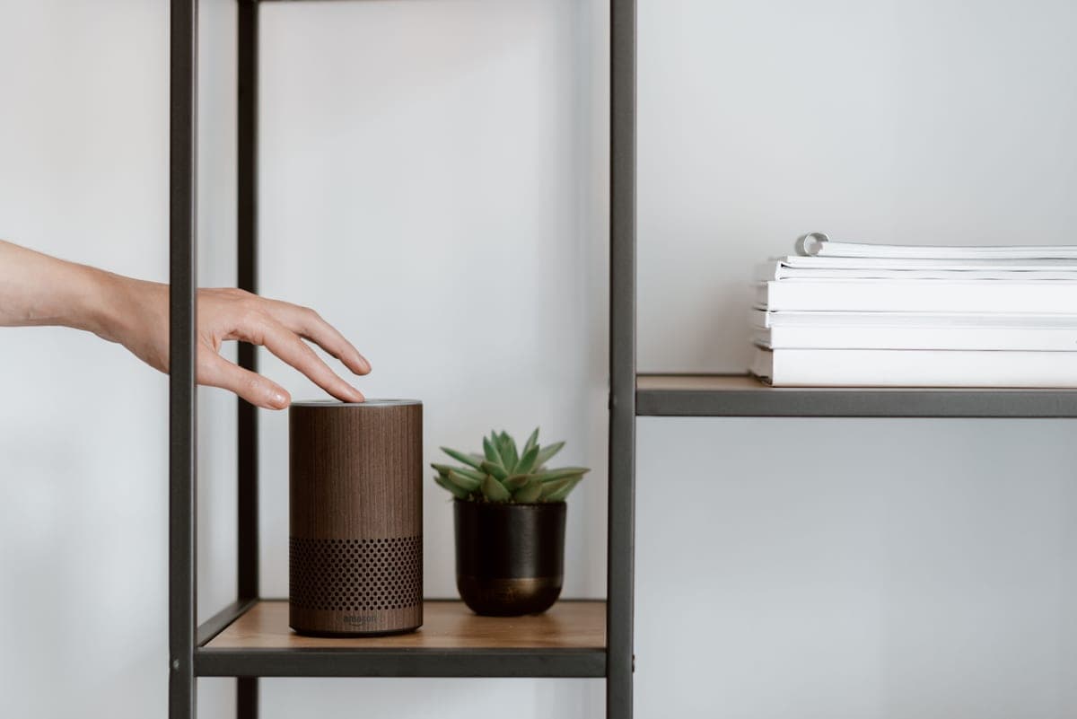 A smart speaker and hub sitting on a shelf in a bright living room